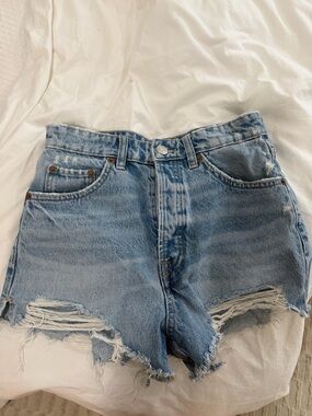 Zara Light Blue Distressed High-Waist Denim Shorts